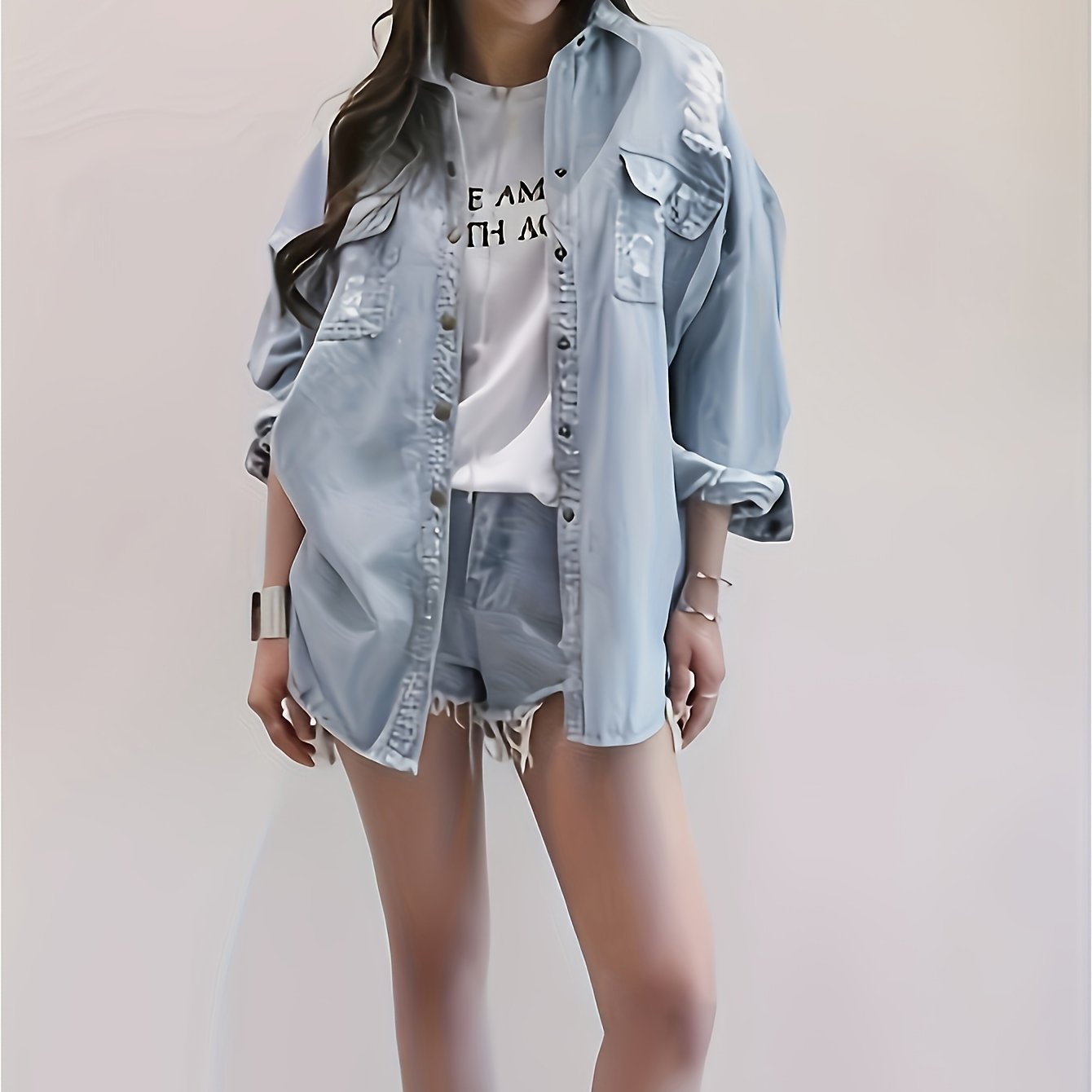 Letter Print Ripped Loose Fit Long Sleeve Light Washed Blue Denim Shirts Jacket, Women's Denim Jeans & Clothing