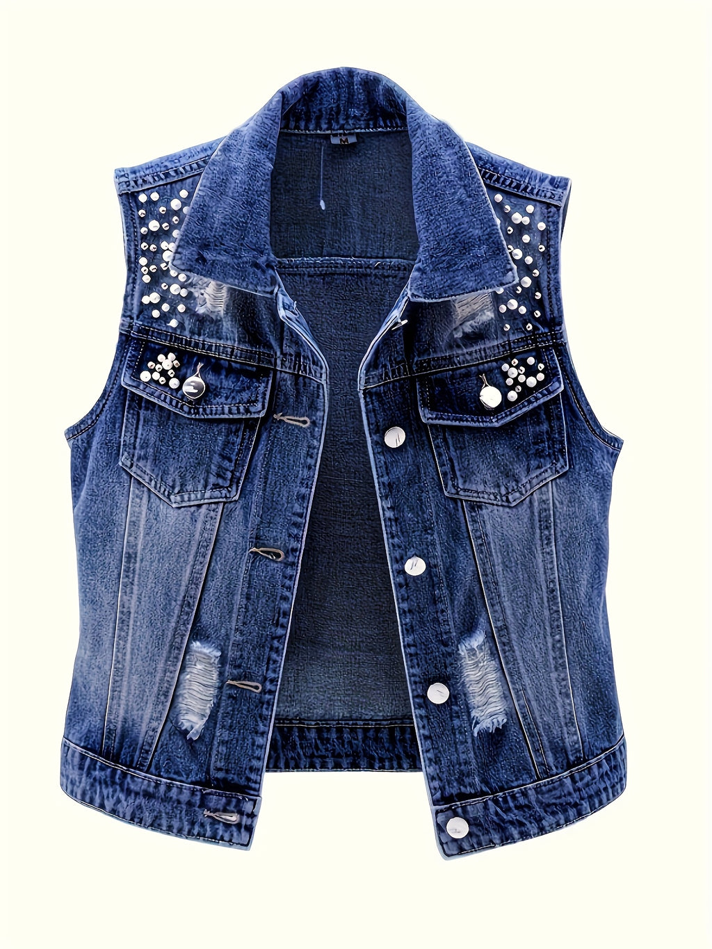 Women's Sleeveless Denim Vest with Pearl Details - Distressed Ripped Jean Jacket, Flap Pockets, Raw Hem, Button-Up Front, Light Blue Denim, Elegant Summer Style