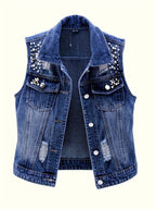 Women's Sleeveless Denim Vest with Pearl Details - Distressed Ripped Jean Jacket, Flap Pockets, Raw Hem, Button-Up Front, Light Blue Denim, Elegant Summer Style