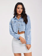 Women's Distressed Denim Jacket with Frayed Hem, Casual Washed Jean Coat, Fashionable Streetwear Outerwear