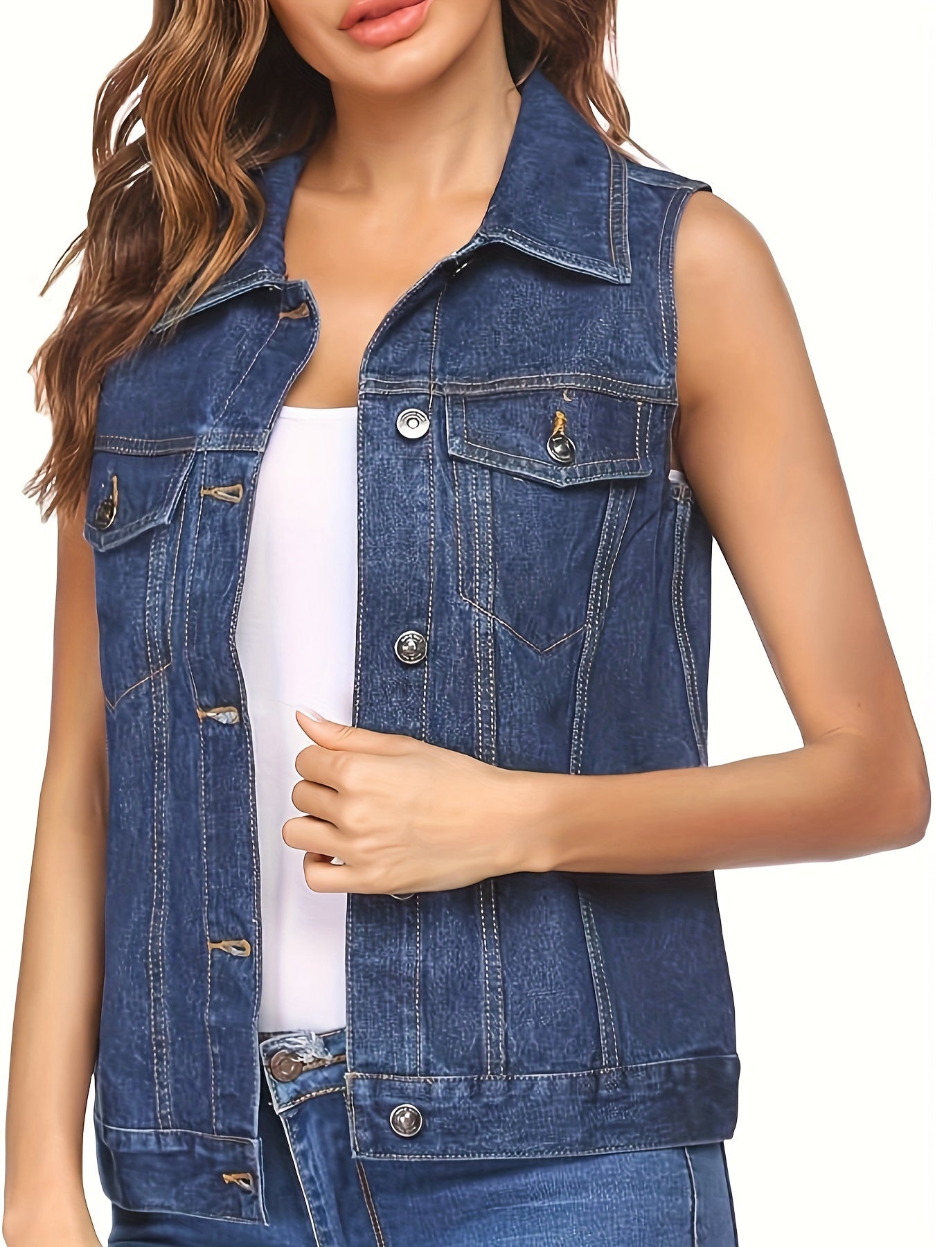 Women's Sleeveless Denim Vest Jacket with Flap Pockets - Casual Light Blue Jean Vest for Spring\u002FFall, Machine Washable, Classic Collar Design
