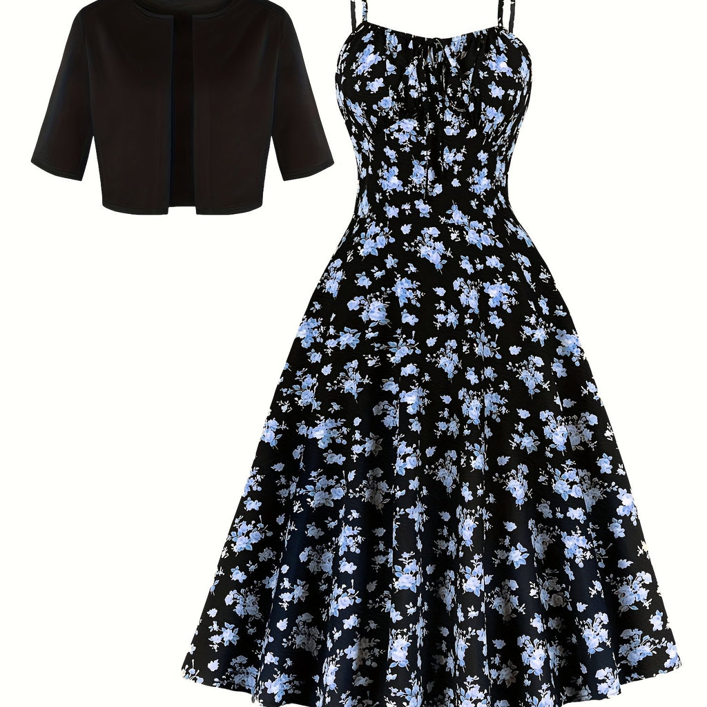 Charming Floral Strap Skirt Women's Sweet Versatile Black Blouse Dress Set