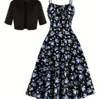 Charming Floral Strap Skirt Women's Sweet Versatile Black Blouse Dress Set