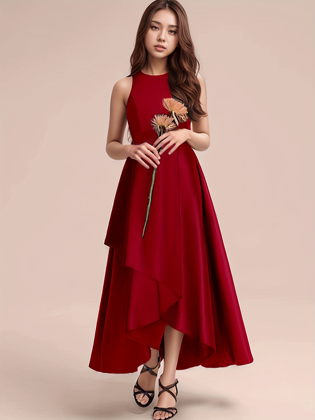 GULULU Girls' Elegant Summer Dress - Sleeveless Navy Blue A-Line Gown with Floral Detail, Lightweight Polyester Fabric, Perfect for Youngsters, Princess Style Long Dress, Summer Dresse