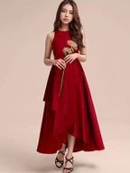 GULULU Girls' Elegant Summer Dress - Sleeveless Navy Blue A-Line Gown with Floral Detail, Lightweight Polyester Fabric, Perfect for Youngsters, Princess Style Long Dress, Summer Dresse