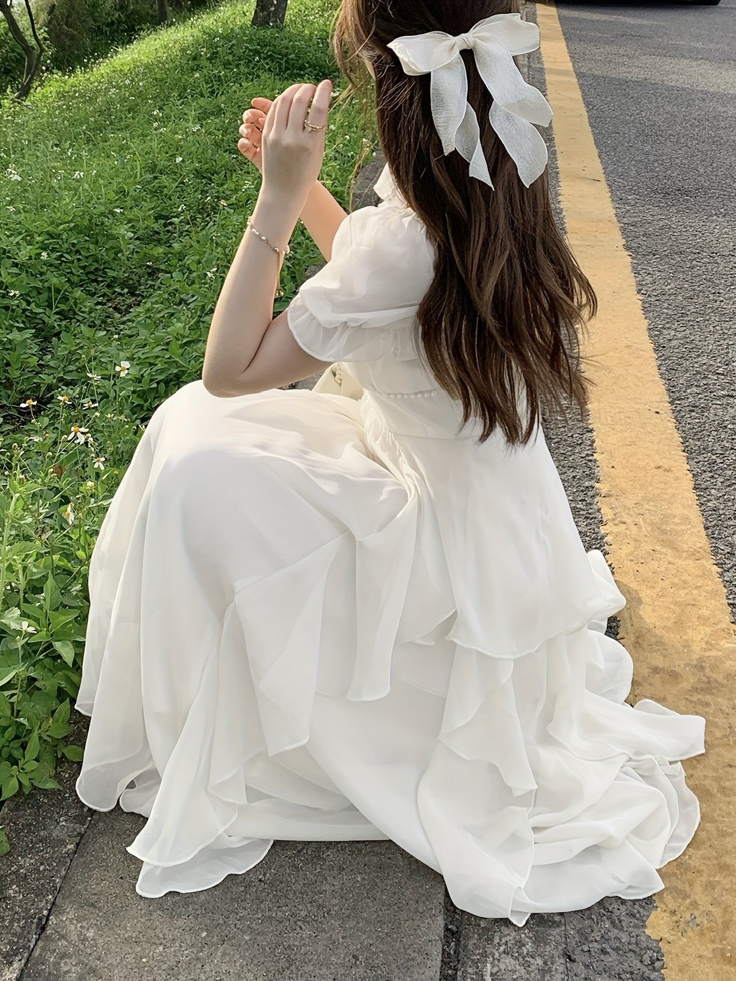 Elegant French-Inspired Midi Dress with Ruffled Sleeves and Square Neckline - Beaded Cinched Waist, Flowing A-Line Silhouette, Perfect for Spring\u002FSummer, Cute Dres