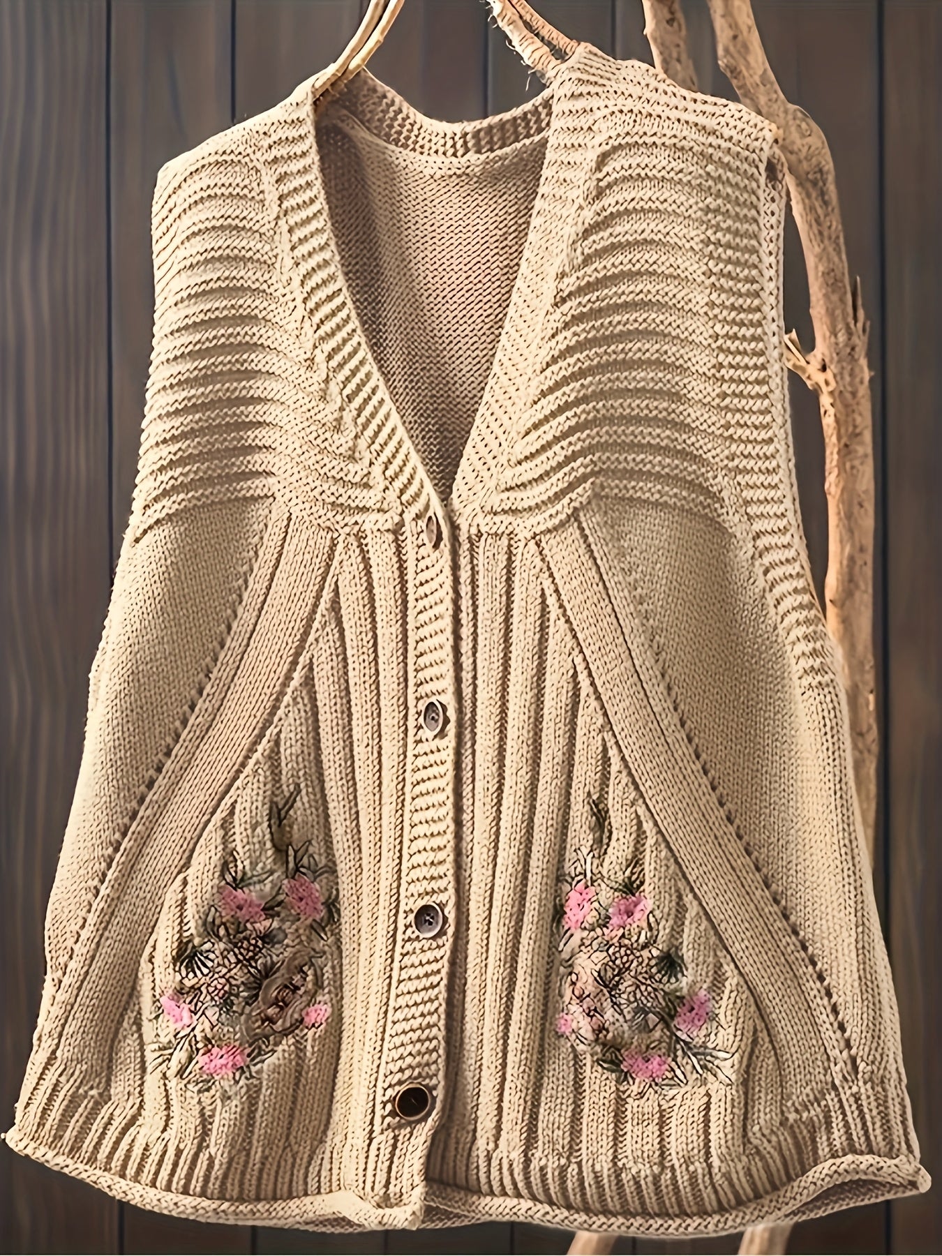 Young Women'S V-Neck Sleeveless Embroidered Floral Knit Acrylic Jacket, Relaxed Fit, Vintage Casual, with Hood, for Women