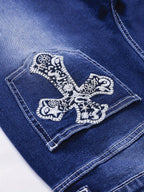 Cross Embroidery Whiskering Washed Blue Retro Style Zipper Button Closure Denim Pants, Women's Denim Jeans & Clothing