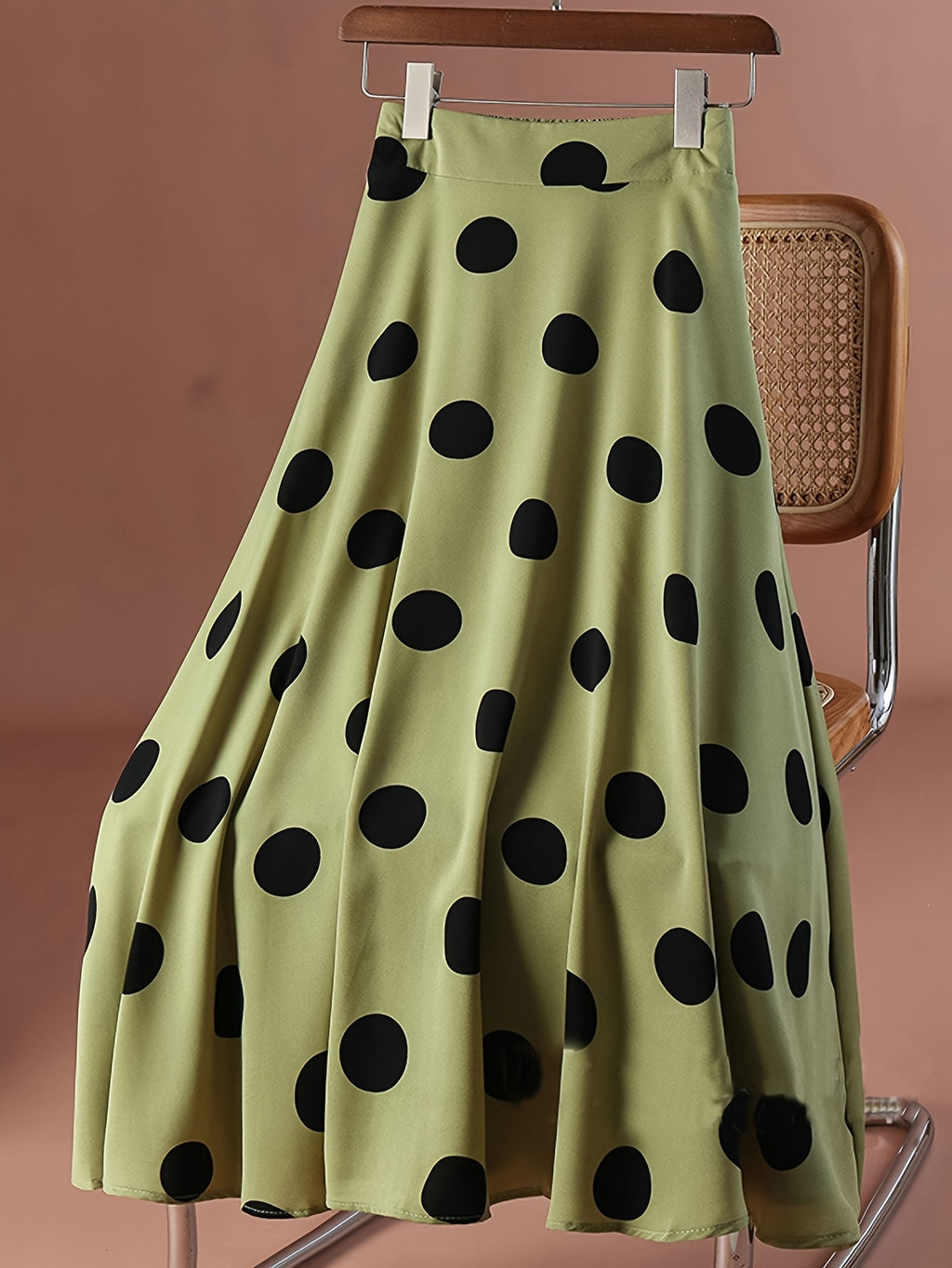 Women's Retro Polka Dot Print Skirt, High-Waisted A-Line Design with Elastic Waistband, Lightweight Polyester Fabric, Green with Black Circles, Casual Spring\u002FSummer Style