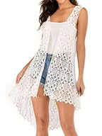 Solid Hollow Out Open Front Vest, Versatile Sleeveless Asymmetrical Outwear For Spring & Summer, Women's Clothing