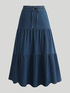 Morin Women's Elegant Denim Midi Skirt with Adjustable Drawstring Waist - High-Waisted Wide-Leg A-Line Skirt, Machine Washable for Spring Summer Fall Casual & Formal Outfits, High Waisted Skirt