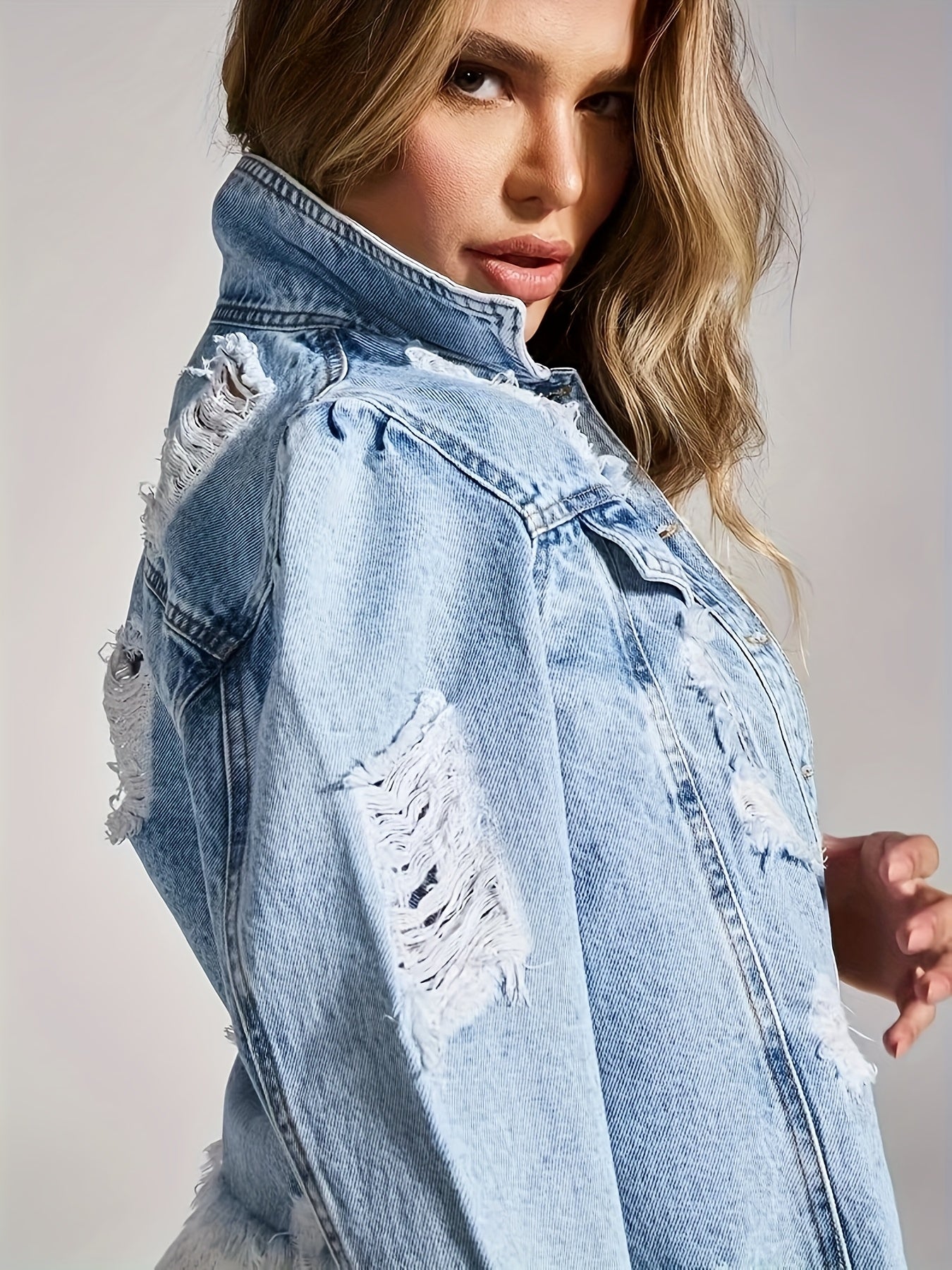 Women'S Non-Stretch Long Sleeve Denim Jacket with Distressed Tassels, Casual Street Style, Regular Fit, Short Length, Spring\u002FSummer\u002FFall Outerwear