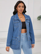 Mid-Length Denim Jacket for Women with a Belt And Four Pockets.