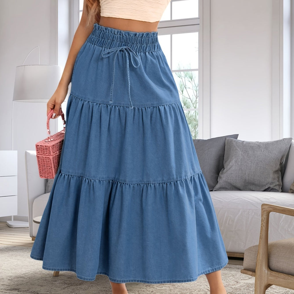 Women's High-Waisted Denim Skirt with Elastic Waistband & Faux Drawstring - Multi-Tiered A-Line Cake Skirt, Ruffled Hem, Cotton, Machine Washable for Spring Summer Fall Casual Outfits, Versatile Fashion, Breathable Fabric