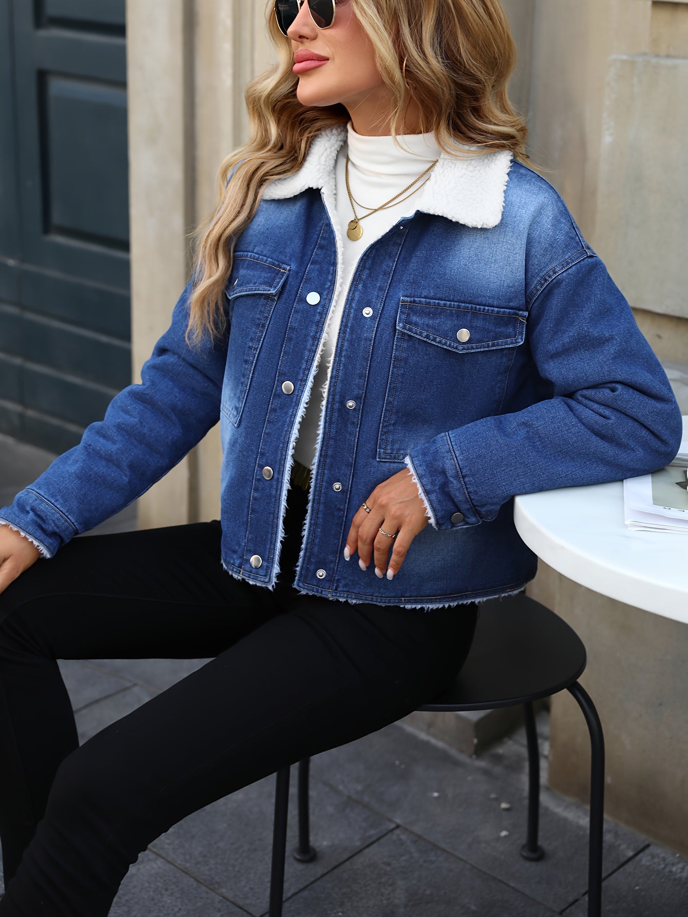 Morin Women's Elegant Fleece-Lined Denim Jacket - Winter Warm Button-Up Coat with Chest Pockets, Machine Washable, Classic Solid Color for Fall & Winter, Casual Outerwear