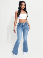 Women's High-Waist Stretch Denim Flare Jeans with Front Button Closure, Comfortable Bell Bottoms in Light Blue Washed Finish, Elegant & Trendy Design for Casual Attire