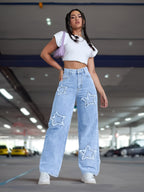 Women's Elegant Star Straight-Leg Jeans - Stretch Denim, Comfort Fit, Machine Washable, Versatile All-Season Wear