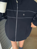 Solid Color Loose Casual Embroidered Stand Collar Jacket with Zipper for Women