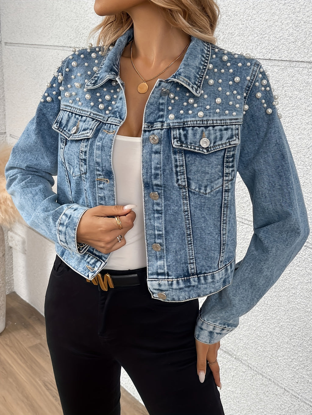 Morin Women'S Denim Jacket with Rhinestone Embellishments, Elegant Solid Color, Button-Up, Non-Stretch Fabric, Spring\u002FAutumn Fashion Top, Woven Craftsmanship