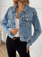 Morin Women'S Denim Jacket with Rhinestone Embellishments, Elegant Solid Color, Button-Up, Non-Stretch Fabric, Spring\u002FAutumn Fashion Top, Woven Craftsmanship