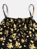 Charming Floral Strap Skirt Women's Sweet Versatile Black Blouse Dress Set