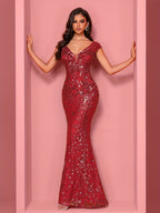 Elegant Beaded V-Neck Sleeveless Tank Fishtail Dress - Luxury Formal Bridesmaid & Evening Gown with Floral Print, Long Train Mermaid Silhouette for Weddings, Parties, Galas - Hand Wash Only, Bridesmaid Dress, Wedding Attire, Sophisticated Craftsmanship