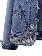 New Chinese Style Windproof Button Butterfly Embroidered Long Sleeve Denim Jacket, Spring Casual Retro Stand Collar New National Style Women'S Short Jacket Casual Jacket