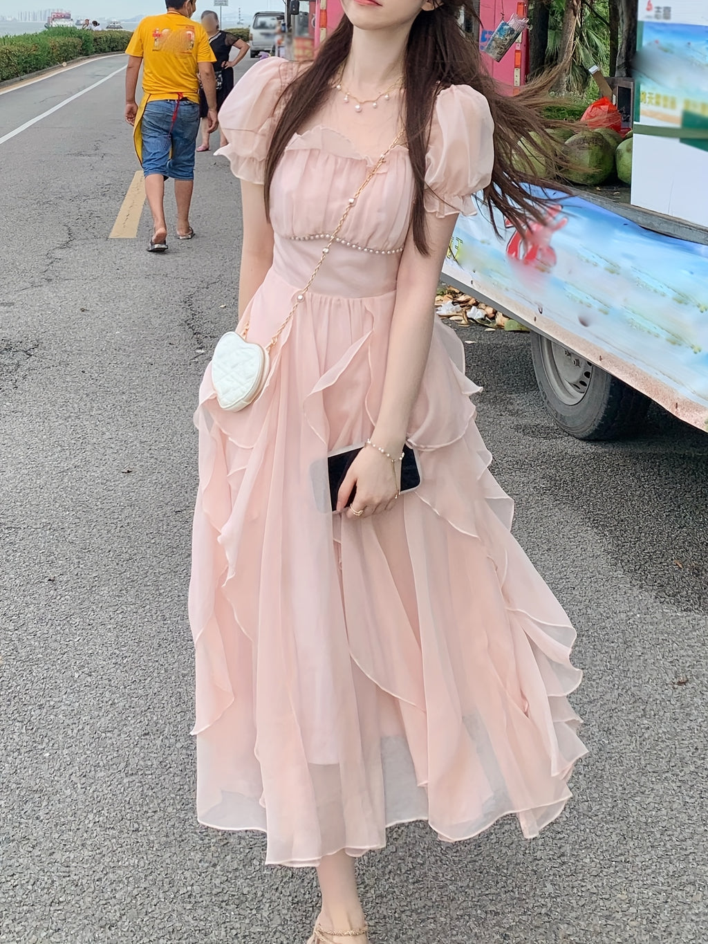 Elegant French-Inspired Midi Dress with Ruffled Sleeves and Square Neckline - Beaded Cinched Waist, Flowing A-Line Silhouette, Perfect for Spring\u002FSummer, Cute Dres