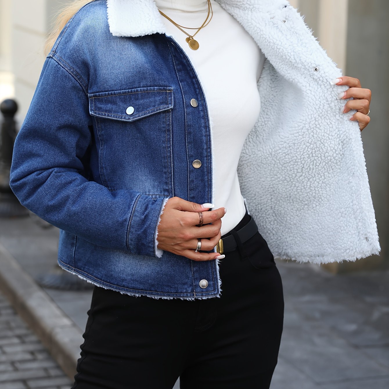 Morin Women's Elegant Fleece-Lined Denim Jacket - Winter Warm Button-Up Coat with Chest Pockets, Machine Washable, Classic Solid Color for Fall & Winter, Casual Outerwear