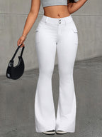 Women's High-Waisted Stretchy Flared Jeans - White Slim Fit Denim Pants with Button Closure, Machine Washable Casual & Formal Wear, All-Season Versatile Trousers