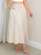 Women'S Elegant High-Waisted A-Line Midi Skirt - Lightweight 3\u002F4 Sleeve, Beige Solid Color, Perfect for Summer Commute & Casual Wear, Casual Summer Wear | Aline Silhouette | Smooth Textur