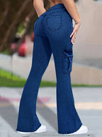Women's High-Waist Stretch Denim Flare Jeans - Comfort Fit, Classic Slash Pockets, Dark Blue Washed, All-Season Wear