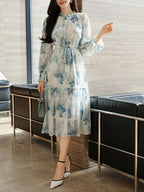 Elegant Floral Print A-Line Dress with Adjustable Waist and Crew Neck - Light Blue Floral Pattern, Short Sleeve, Summer Women'S Dress, Elegant Event Attire | Floral Print Dress | Sleeveless Dres