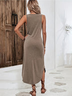 Women'S Summer Sleeveless V-Neck Dress, Casual Loose Fit Long Dress with Heart Print, Polyester 95% Spandex 5% Knit Fabric, Fashionable Grey Tank Dress for Ladies
