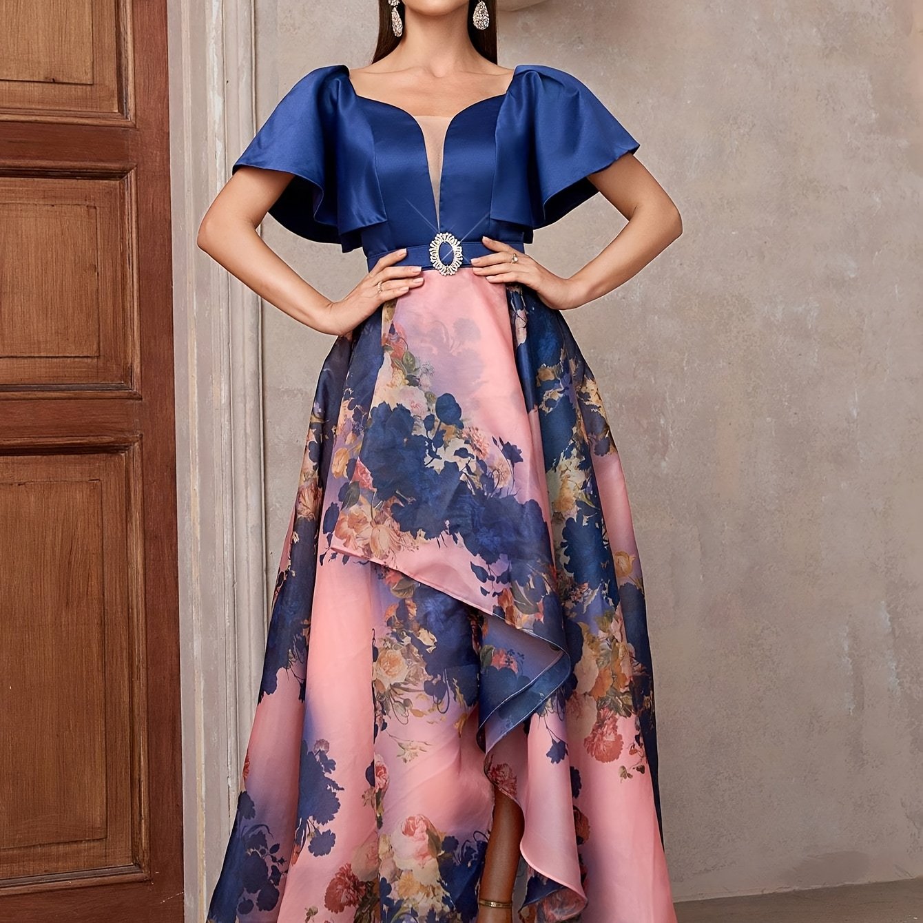 TOLEEN Elegant Floral Print Halter Dress with Belt - Sweetheart Collar, Ruffle Hem, Sleeveless Long Gown for Bridesmaids & Weddings, Polyester, All-Season Wear, Bridesmaid Dress | Ruffle Hem Dress | Polyester Fabri