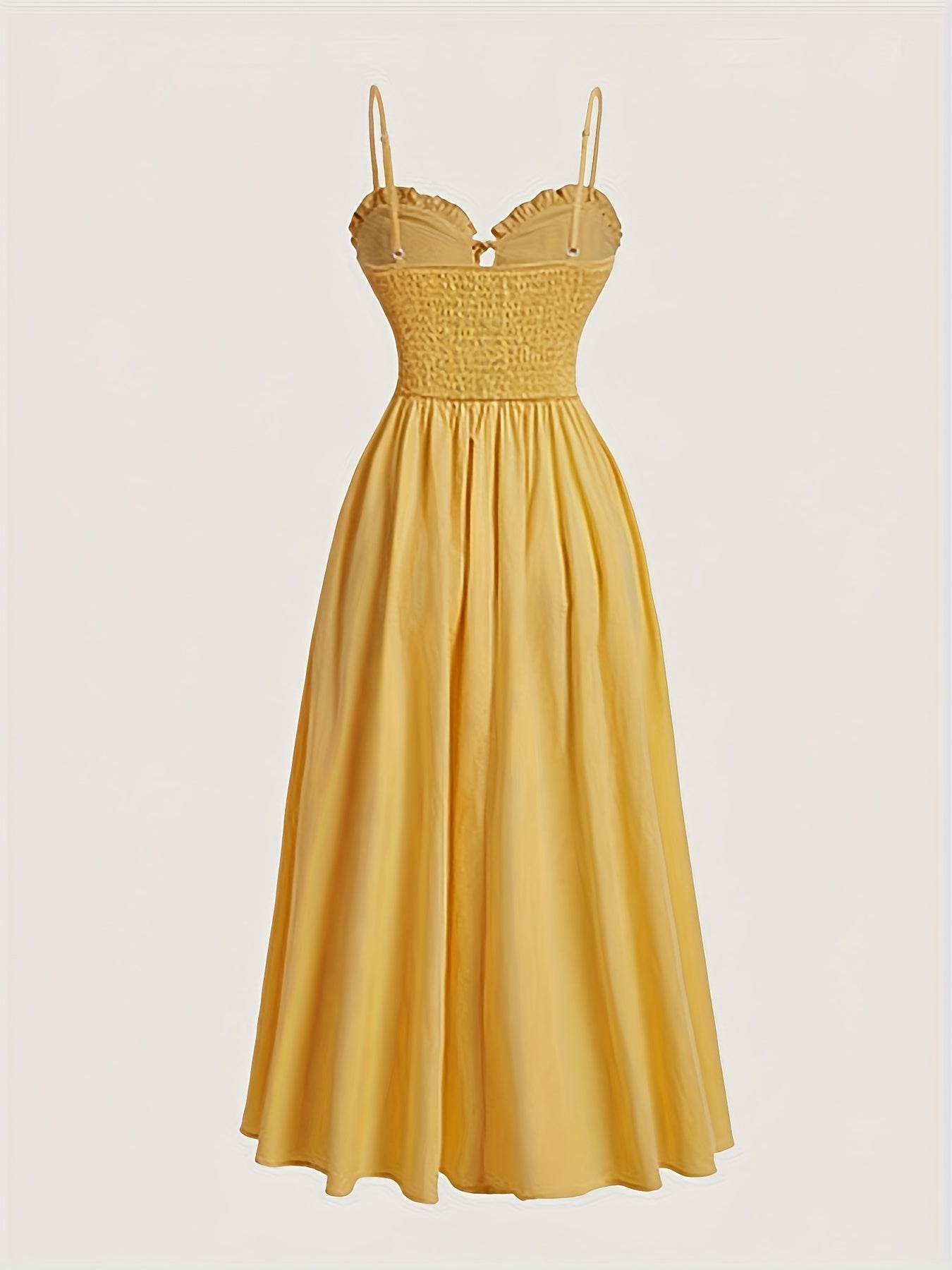 Mustard Yellow Spaghetti Suspender Dress for Teen Girls - Casual Solid Color with Adjustable Waist Tie, Lightweight Non-Stretch Fabric, Machine Washable, Regular Fit for Spring Summer Fall