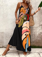 Women's Tropical Leaf Print Sleeveless Maxi Dress - Vibrant Orange & Green Loose Fit Summer Dress with Thin Straps, Machine Washable for Beach Vacations & Casual Outings, Warm Weather Clothing | Flowing Maxi Dress | Lightweight Fabric, Beach Dress