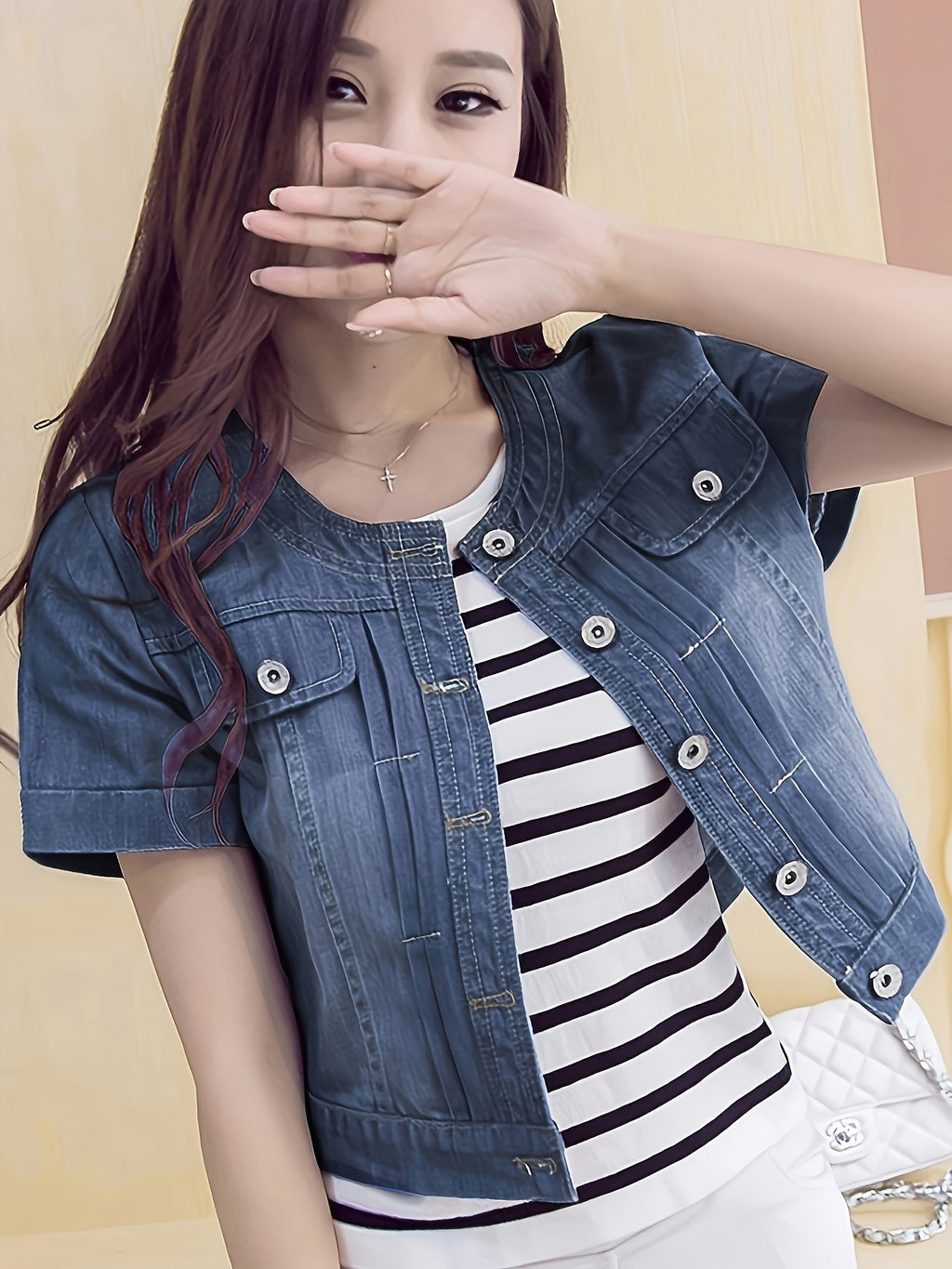 Chic Denim Jacket for Women - Casual Short Sleeve, Crop Top with Faux Pockets, Spring\u002FSummer Collection