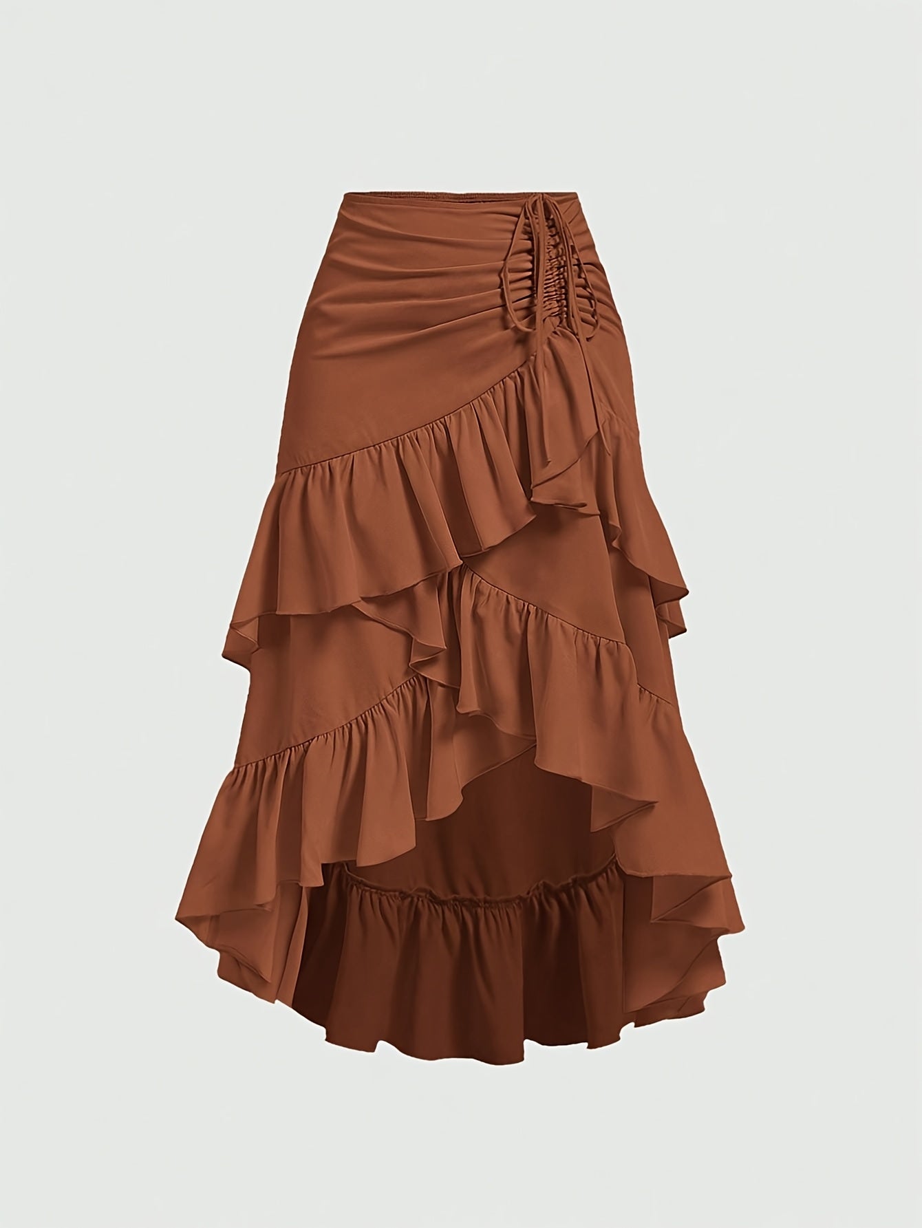 Vintage Brown Pleated Midi Skirt with Ruffled Hem and Cross Detail – Breathable, Stretchy Waistband, Machine Washable – Perfect for Commuting, Outings, and Everyday Elegance