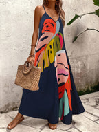 Women's Tropical Leaf Print Sleeveless Maxi Dress - Vibrant Orange & Green Loose Fit Summer Dress with Thin Straps, Machine Washable for Beach Vacations & Casual Outings, Warm Weather Clothing | Flowing Maxi Dress | Lightweight Fabric, Beach Dress