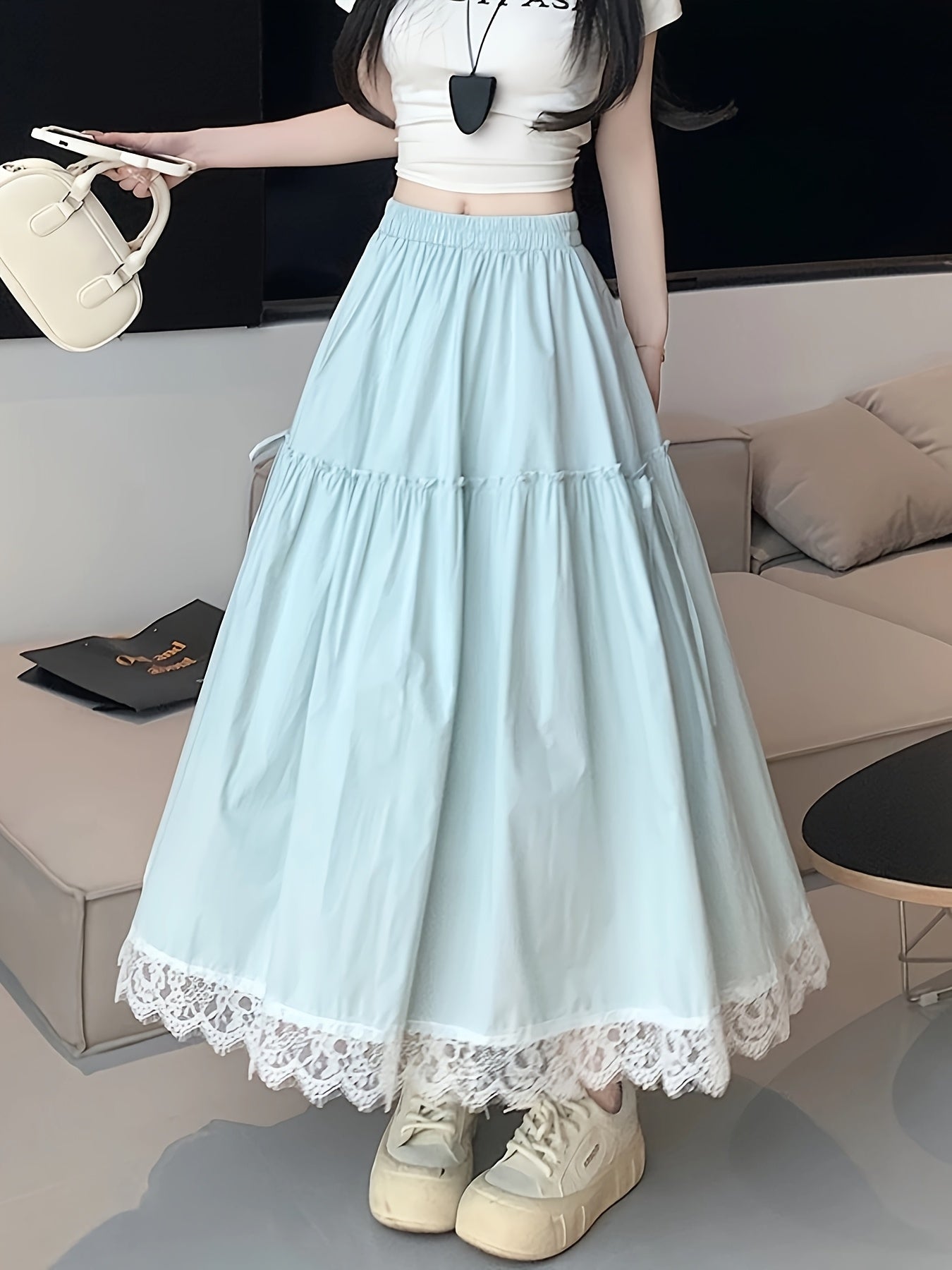 Elegant Blue Lace Trim A-Line Midi Skirt for Women - Lightweight Polyester, Flowy Umbrella Hem, Perfect for Spring\u002FSummer, Versatile Fashion Accessory, Summer Fashion | Flowy A-Line Skirt | Lightweight Skirt