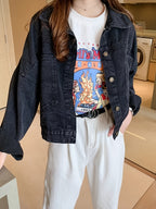 Women'S Black Denim Jacket with Cute Bear Applique - Casual Long Sleeve, Non-Stretch Fabric, Spring\u002FSummer Fashion, Casual Outerwear | Playful Design | Decorative Details