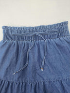 Women's High-Waisted Denim Skirt with Elastic Waistband & Faux Drawstring - Multi-Tiered A-Line Cake Skirt, Ruffled Hem, Cotton, Machine Washable for Spring Summer Fall Casual Outfits, Versatile Fashion, Breathable Fabric