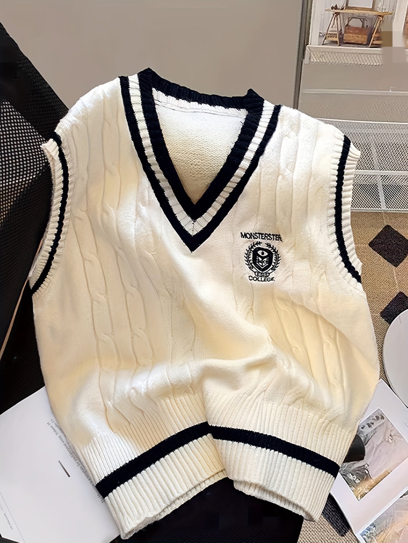 Elegant V-Neck Cable- Sweater Vest - Soft Acrylic-Polyester Blend, Color-Block Design, All-Season Versatile Layering Piece for Casual & Formal Outfits