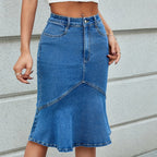 1pc Elegant Mid Waist Mermaid Denim Skirt, Cotton Blend with Polyester and Spandex, Solid Color, Knee-Length, Scallop Detail, Regular Fit, Woven Fabric, Stretchy for Spring\u002FSummer\u002FFall