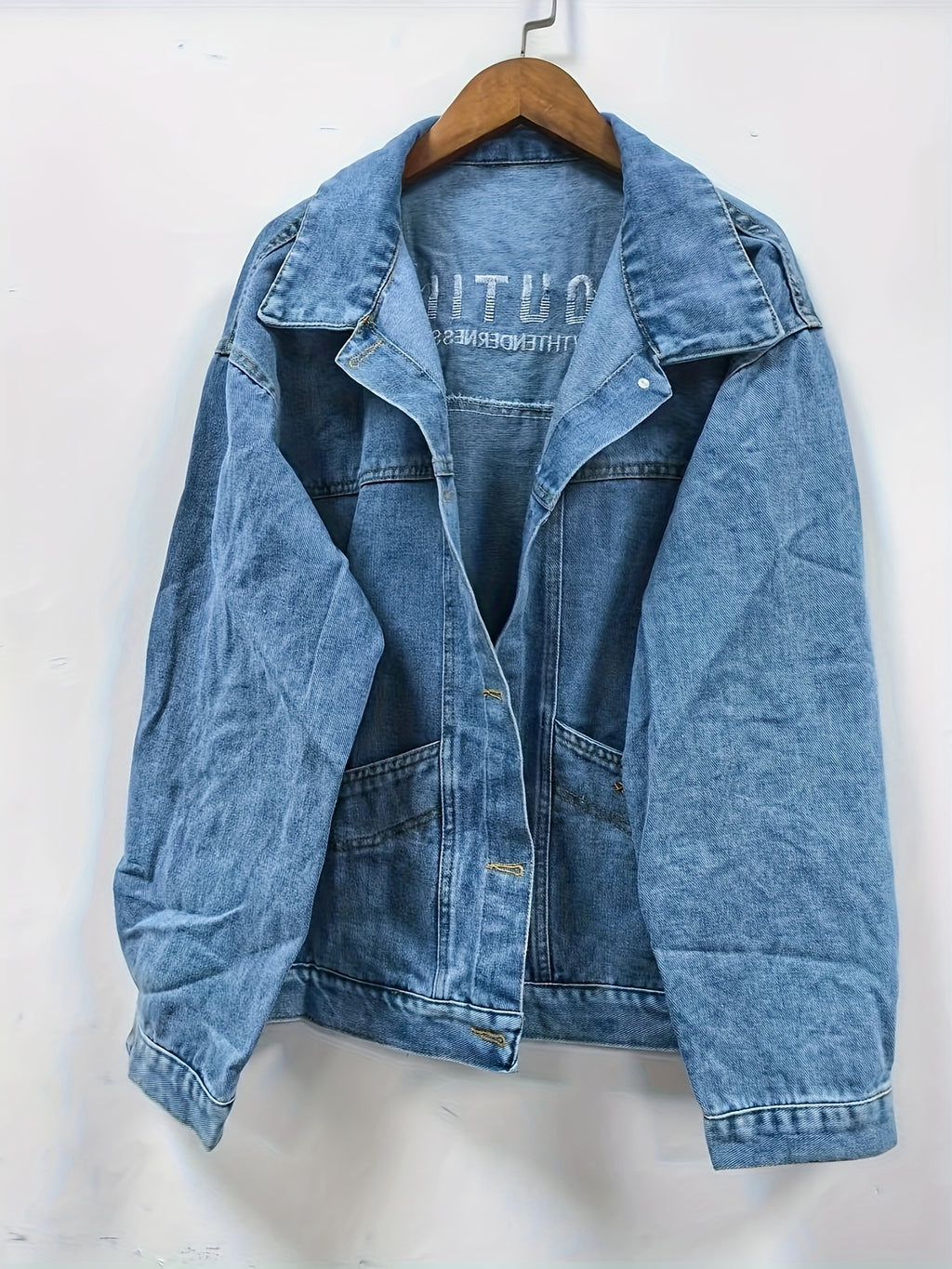 Chic Denim Letter Embroidered Jacket for Women - Loose Fit, Long Sleeve, Button-Up Design, Light Blue Washed Jean Coat, Perfect for Spring & Fall, Casual Yet Stylis