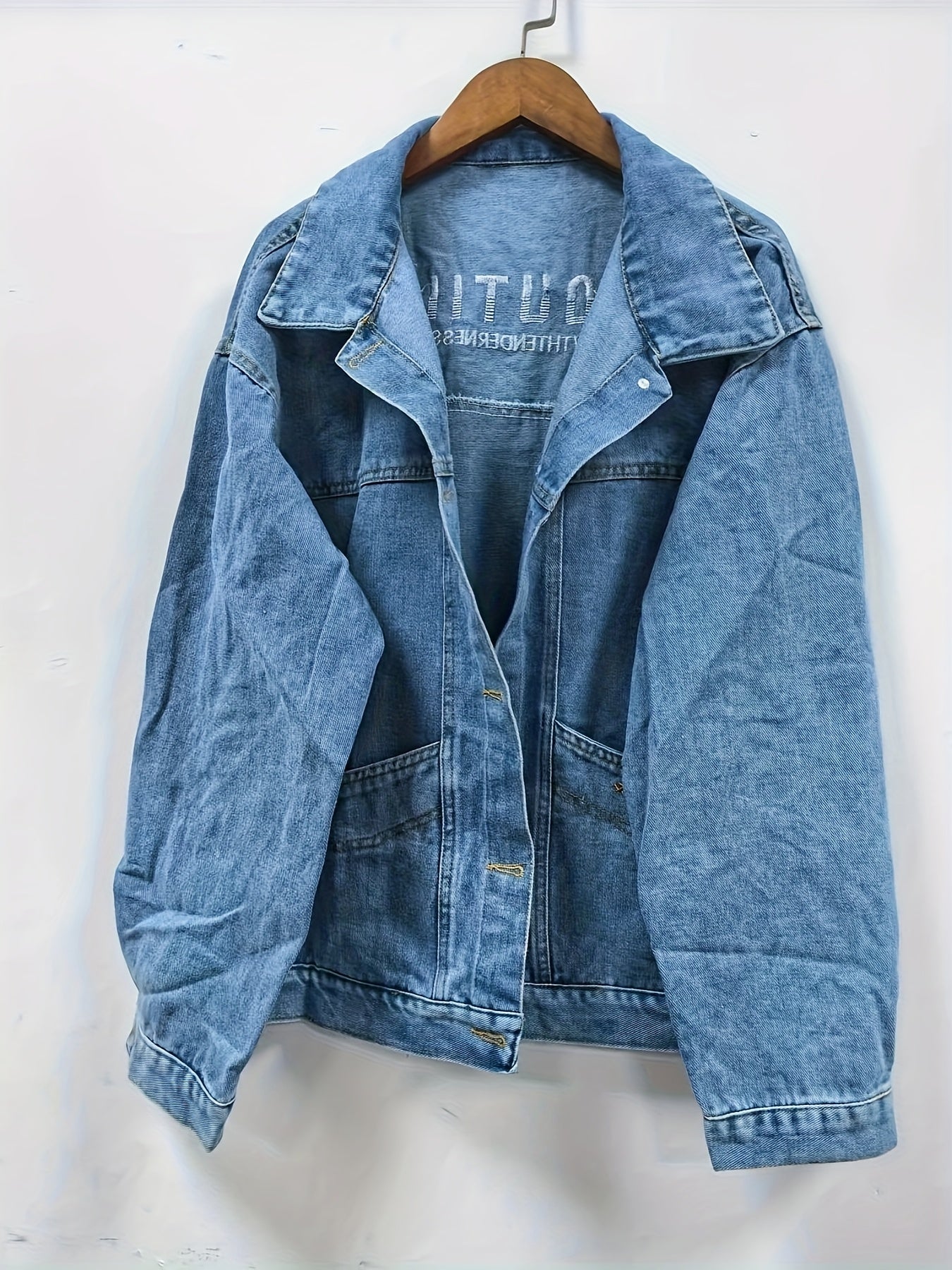 Chic Denim Letter Embroidered Jacket for Women - Loose Fit, Long Sleeve, Button-Up Design, Light Blue Washed Jean Coat, Perfect for Spring & Fall, Casual Yet Stylis