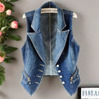 Women's Vintage Streetwear Denim Vest Jacket - Sleeveless Slim-Fit Single-Breasted Spring\u002FSummer Outerwear with Button Front Closure, Casual Chic Layering Piece