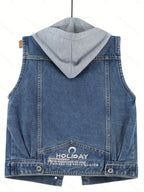 A Loose-Fitting Spring And Autumn Jacket in a Trendy Korean Style, Featuring Versatile Square Slant Pockets, Sleeveless Design, Short Length, And Single-Breasted Closure. The Hood Is Detachable, Making It a Stylish Hoodie Jacket.