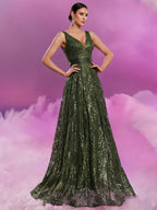 Elegant V-Neck Sequin Embroidered Sleeveless Maxi Dress for Women - Flowing Floor-Length Evening Gown with Lace Detailing, Perfect for Parties, Proms, and Formal Events